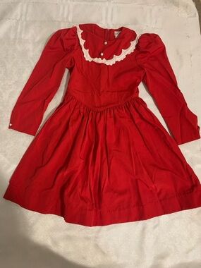 Girls 80s Ruby Red Long Sleeve Lace Collar Dress